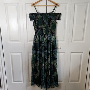 Black Multi-Colored Leaf Design Dress Size 6 Smocked Sheer Overlay Vacation NWT